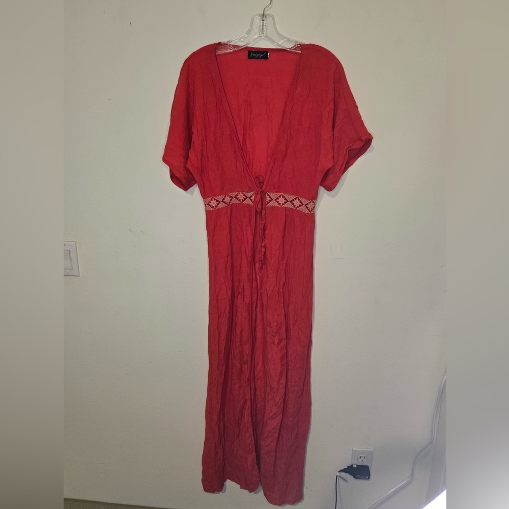 Women’s Red Tie-Waist Robe with Embroidered Waistband